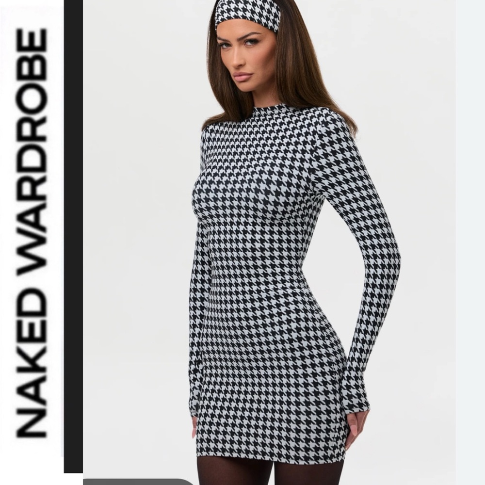 Naked Wardrobe 🖤🤍 long sleeve houndstooth print mini dress
